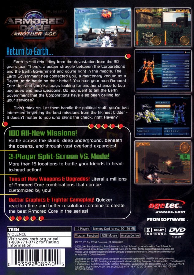 Armored Core 2: Another Age PS2 game for PlayStation 2 featuring classic mech combat action back cover art