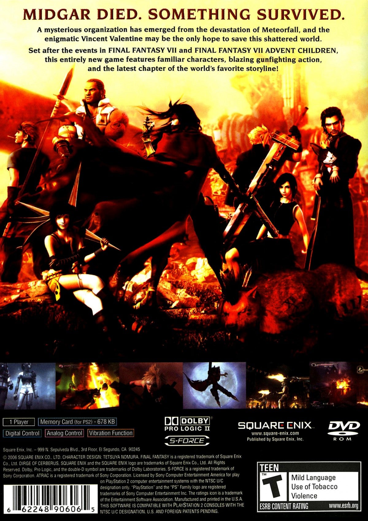 Dirge of Cerberus Final Fantasy VII PS2 Sony PlayStation 2 third person shooter action RPG Final Fantasy VII spin off Vincent Valentine gun combat sci fi fantasy storyline Square Enix cinematic gameplay retro gaming PlayStation 2 software video game title back cover art