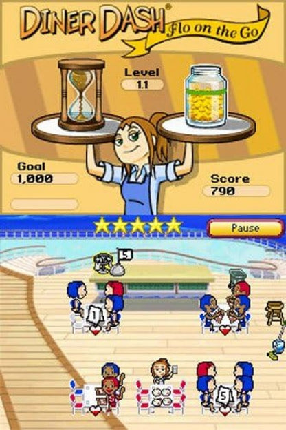 Diner Dash Flo on the Go Nintendo DS video game, time management puzzle gameplay, casual arcade fun, handheld console title gameplay screenshot