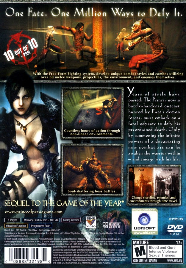 Prince of Persia Warrior Within PS2 Sony PlayStation 2 action adventure platformer Ubisoft parkour wall running acrobatic combat brutal hack and slash time manipulation dagger of time dark fantasy story retro gaming PlayStation 2 software video game title back cover art