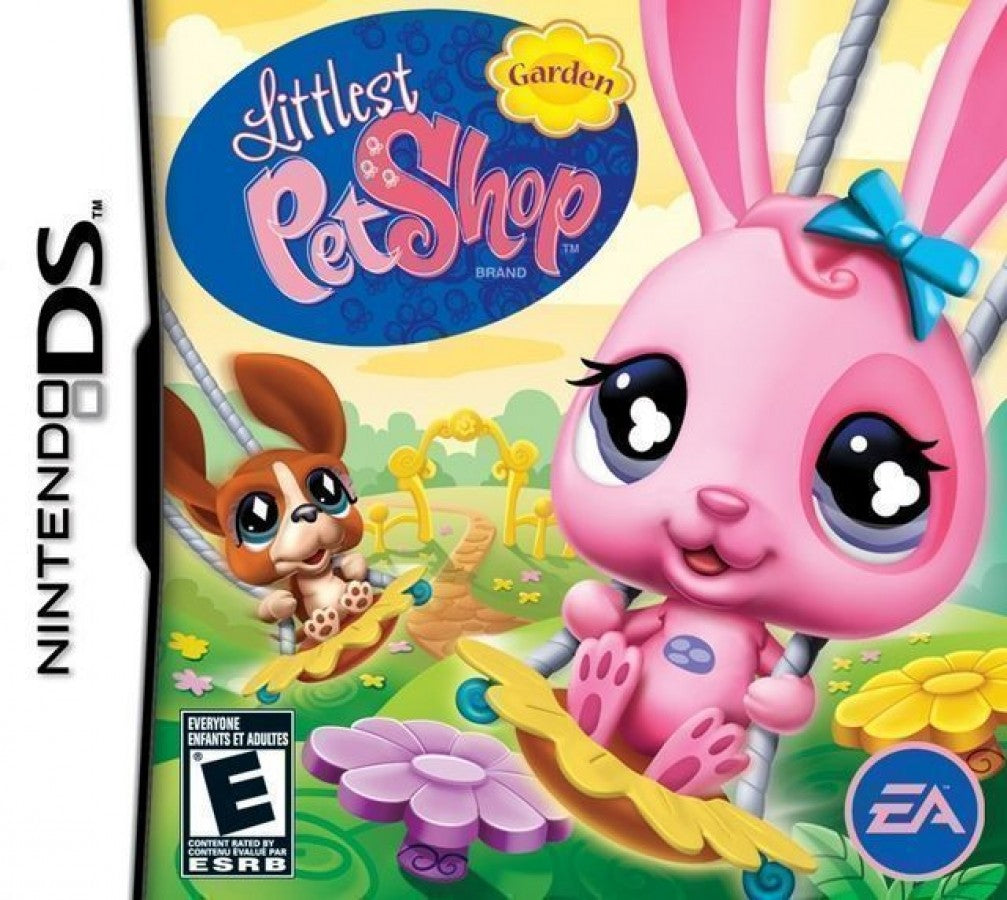 Littlest Pet Shop Garden for Nintendo DS (DS), cover image for a retro video game featuring pet care simulation gameplay, garden-themed mini-games, animal customization, puzzle challenges, and family-friendly adventure activities