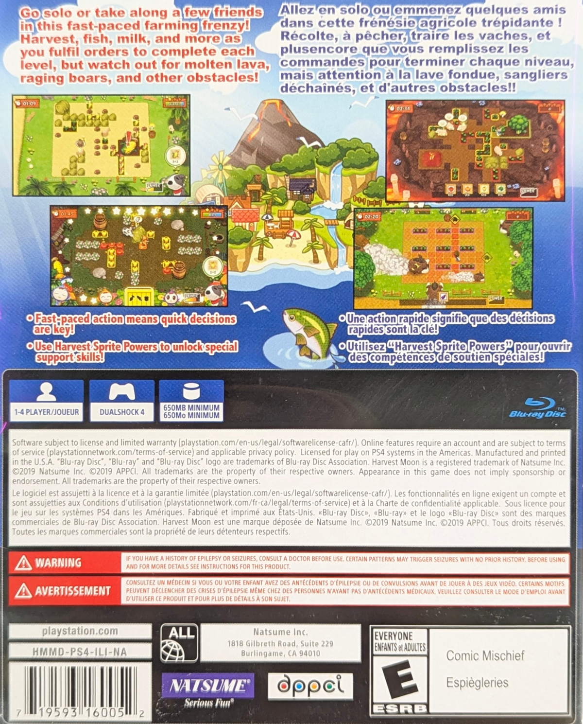 Harvest Moon: Mad Dash for PlayStation 4 (PS4) featuring a fast-paced, arcade-style farming puzzle game where you must harvest, fish, and milk cows under pressure; navigate chaotic levels solo or with friends in local co-op as you race to restore a broken lighthouse in this frantic spin-off of the classic simulation series back cover