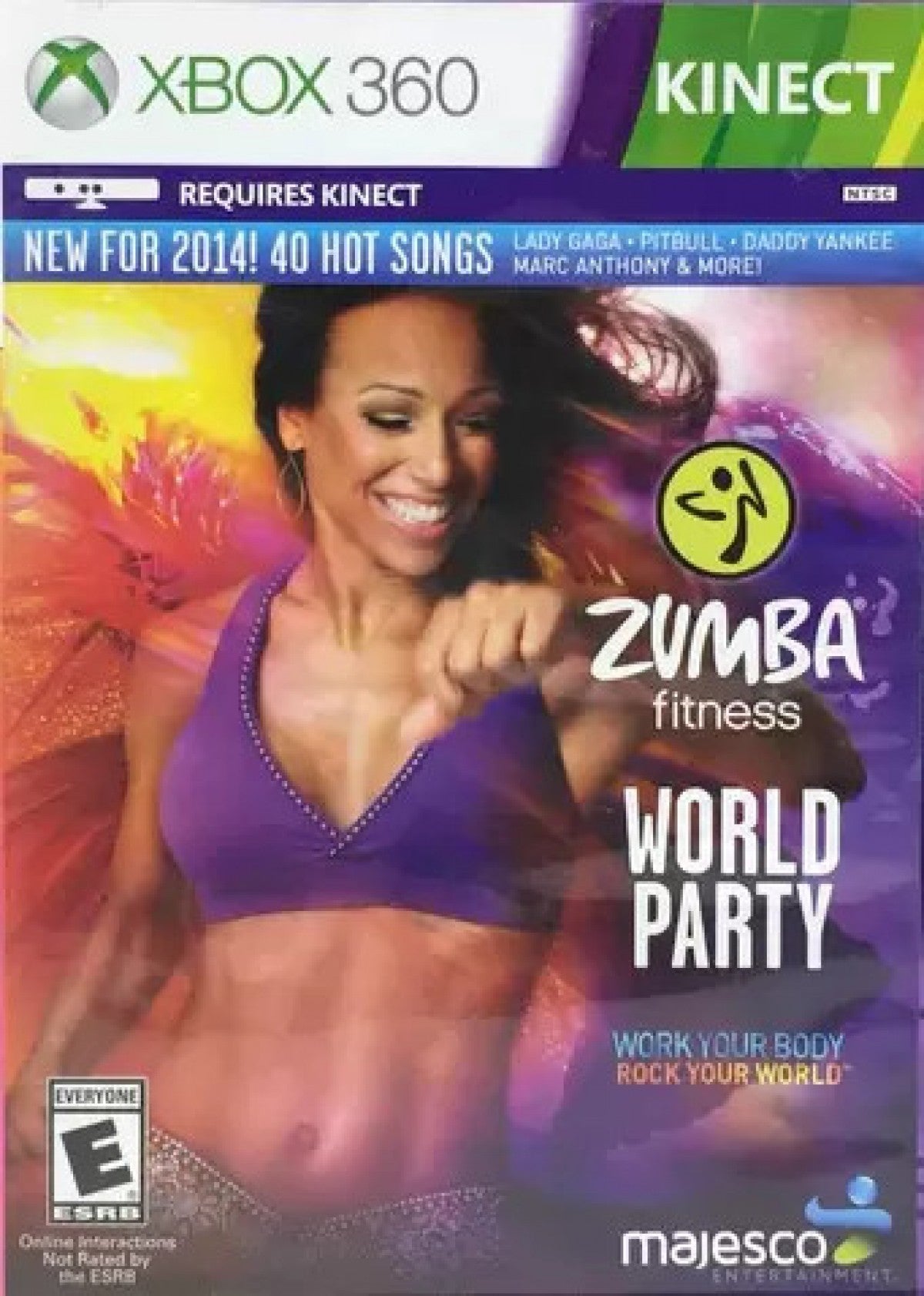 Zumba Fitness World Party Xbox 360 X360 video game featuring dance fitness workout gameplay international music tracks global dance styles choreographed routines cardio exercise calorie burning fitness challenges motion controlled dancing solo workouts multiplayer party mode and energetic world music fitness entertainment retro video game collection collectible gaming appeal cover art