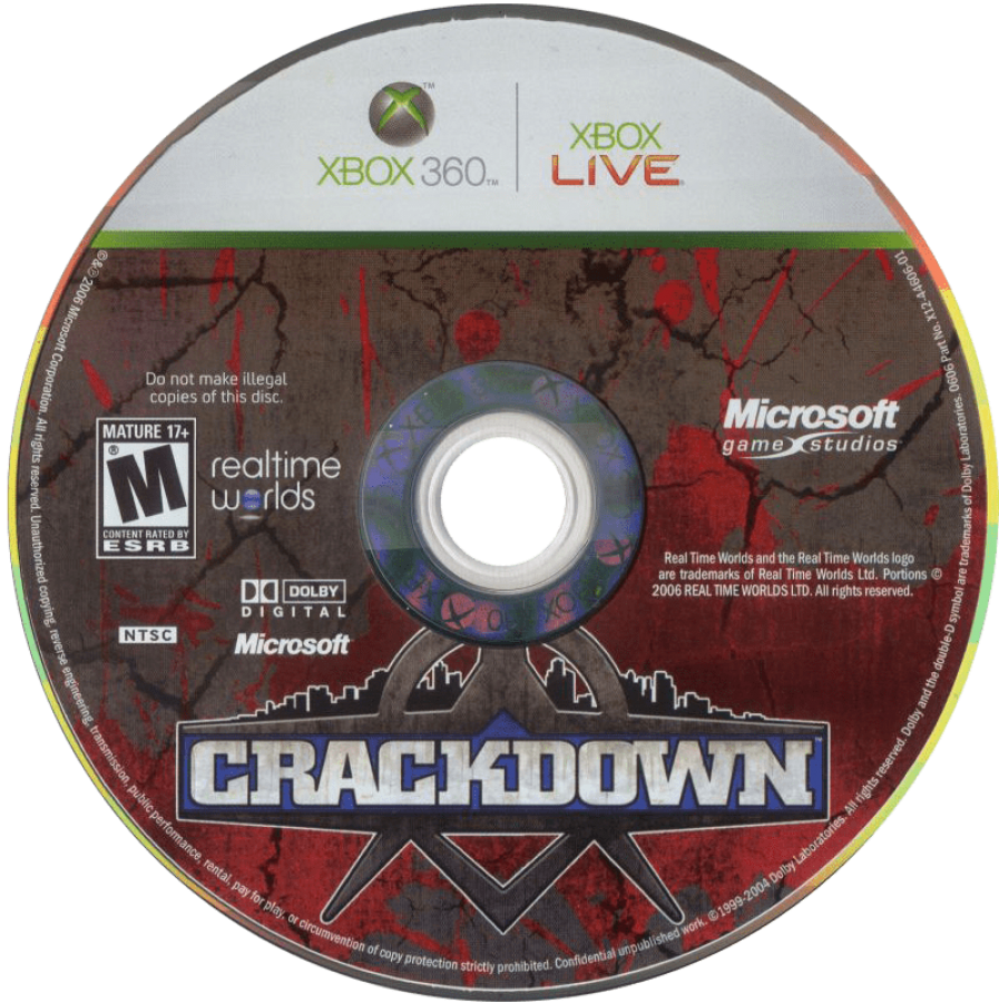 Crackdown disc for Xbox 360 (X360) open-world action video game