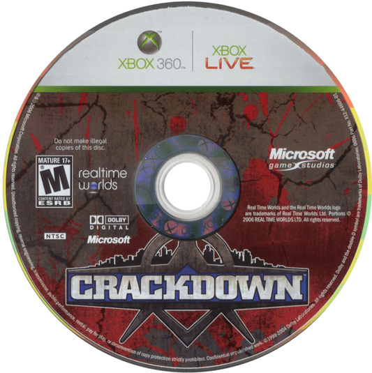 Crackdown disc for Xbox 360 (X360) open-world action video game
