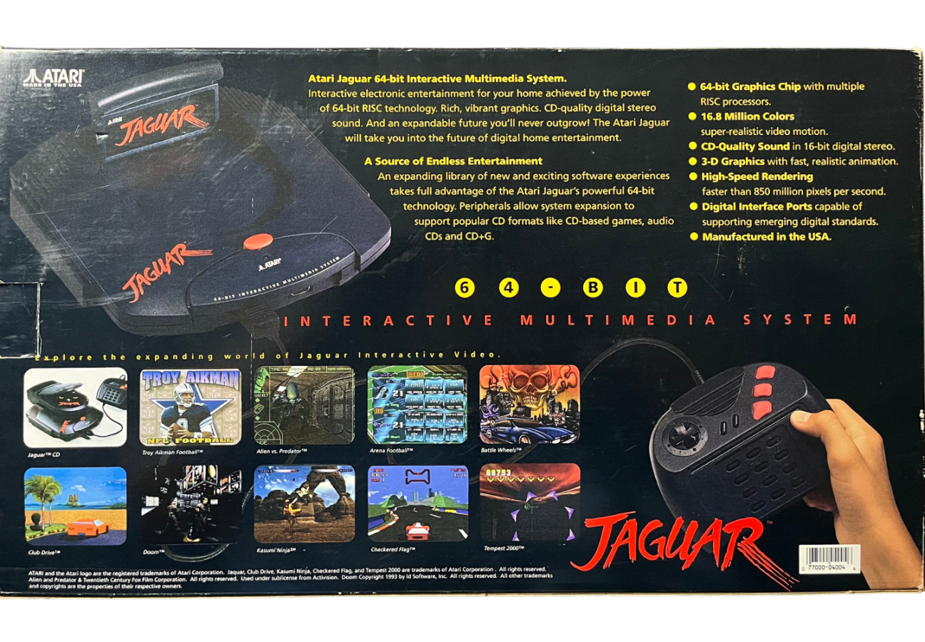 Atari Jaguar console system retro gaming hardware 64 bit system cartridge based gaming classic Atari console vintage gaming system home console Jaguar gaming system hardware box back