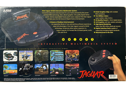Atari Jaguar console system retro gaming hardware 64 bit system cartridge based gaming classic Atari console vintage gaming system home console Jaguar gaming system hardware box back