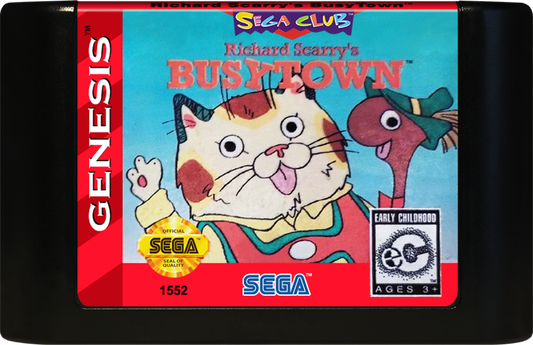 Richard Scarrys BusyTown retro Sega Genesis video game featuring educational gameplay, cartoon adventure action, family friendly activities and classic Genesis entertainment - cartridge