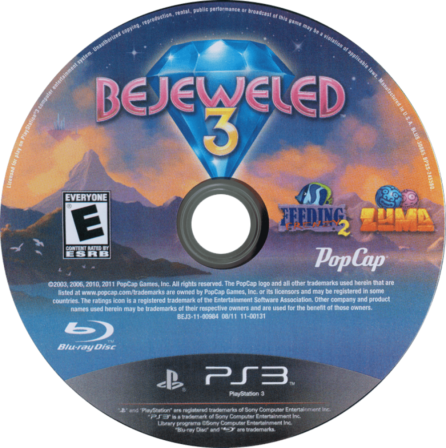 Bejeweled 3 disc for PlayStation 3 (PS3) video game