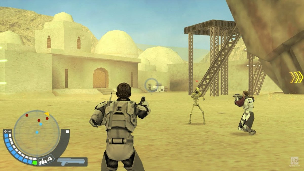 Star Wars Battlefront Elite Squadron PlayStation Portable PSP video game, third-person shooter, large-scale sci-fi battles, Star Wars franchise title gameplay screenshot
