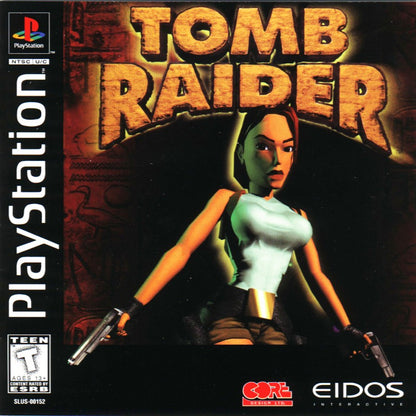 Tomb Raider cover art for PlayStation 1 PS1 video game, action adventure, exploration and puzzle solving, classic Lara Croft debut title