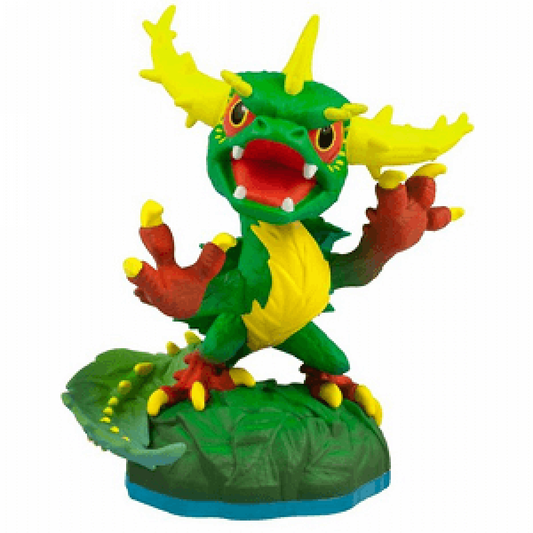 Thorn Horn Camo Skylanders Swap Force figure, plant element dragon with spiked horn armor, melon-themed body, green vines and leaf wings, posed in battle stance, detailed collectible toy on portal base from Skylanders Swap Force series