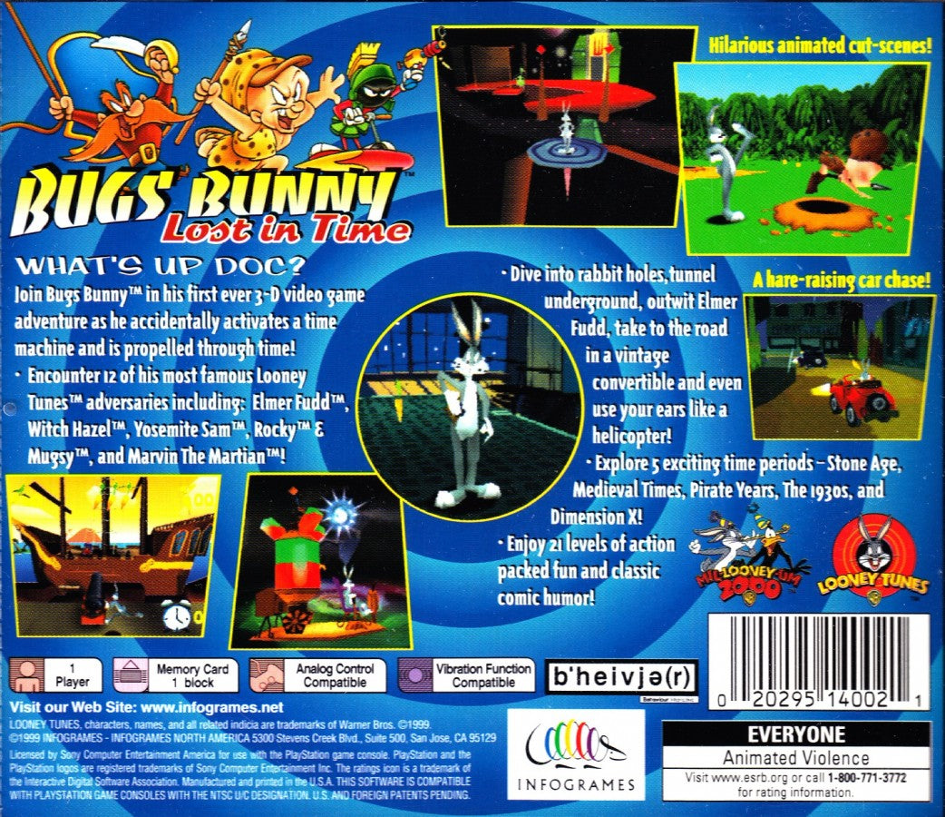Bugs Bunny: Lost in Time game for the PlayStation featuring 3D platforming gameplay with time travel mechanics puzzle solving collectible items and cartoon themed levels as Bugs Bunny travels through different historical eras to return home back cover 