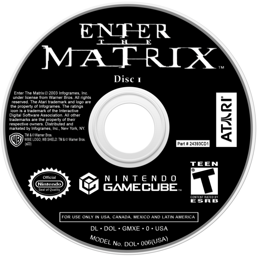 Enter the Matrix Player’s Choice edition game for the Nintendo GameCube featuring action adventure gameplay with martial arts combat gunplay and hacking segments alongside a story that ties into The Matrix Reloaded with cinematic sequences and dual character perspectives disc 1