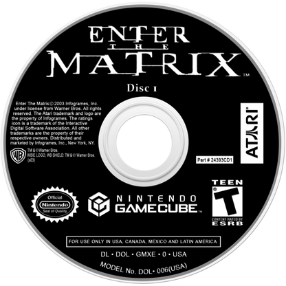 Enter the Matrix Player’s Choice edition game for the Nintendo GameCube featuring action adventure gameplay with martial arts combat gunplay and hacking segments alongside a story that ties into The Matrix Reloaded with cinematic sequences and dual character perspectives disc 1