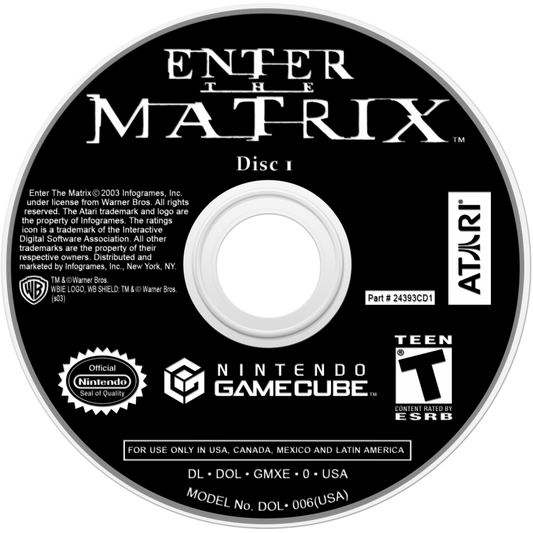 Enter the Matrix Player’s Choice edition game for the Nintendo GameCube featuring action adventure gameplay with martial arts combat gunplay and hacking segments alongside a story that ties into The Matrix Reloaded with cinematic sequences and dual character perspectives disc 1