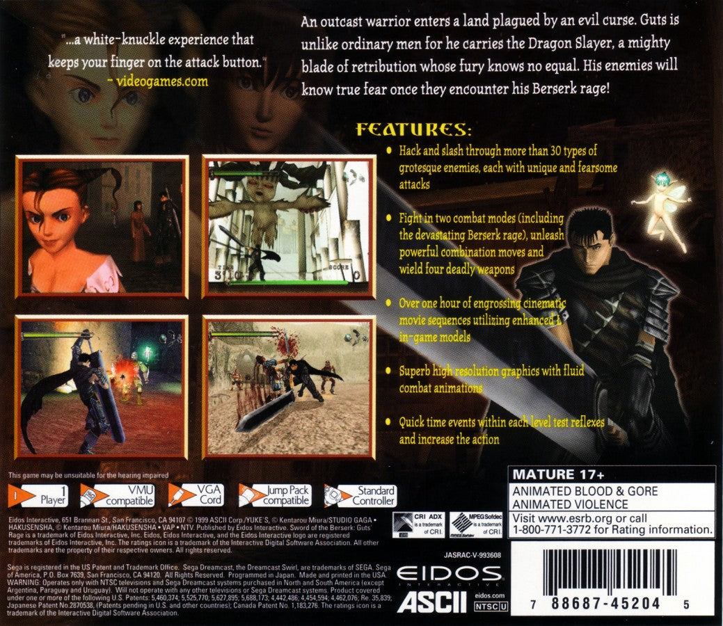 Sword of the Berserk Guts Rage Sega Dreamcast retro video game action adventure back of case