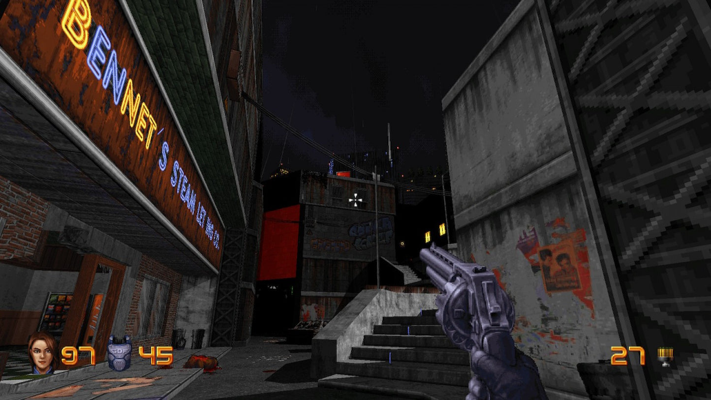 Ion Fury Nintendo Switch inspired design featuring retro inspired first person shooter aesthetic cyberpunk city environments explosive gunplay fast paced action futuristic weapons pixel styled visuals classic boomer shooter gameplay presentation 