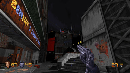 Ion Fury Nintendo Switch inspired design featuring retro inspired first person shooter aesthetic cyberpunk city environments explosive gunplay fast paced action futuristic weapons pixel styled visuals classic boomer shooter gameplay presentation 