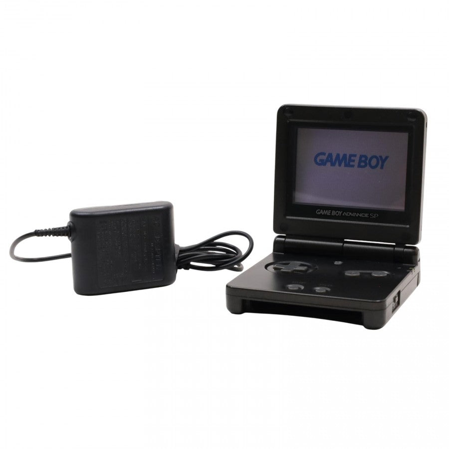 Black Game Boy Advance SP AGS-001 handheld console featuring foldable clamshell design frontlit screen rechargeable battery compact portable form factor backward compatibility with Game Boy and Game Boy Color cartridges and classic Nintendo handheld gaming system in sleek black finish