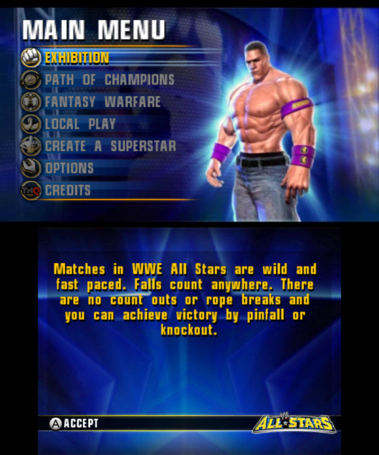 WWE All Stars main menu for Nintendo 3DS (3DS) wrestling sports video game