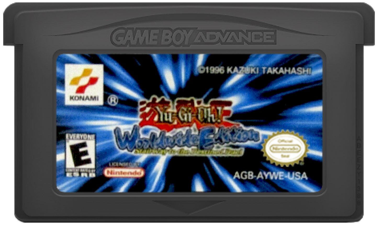 Yu-Gi-Oh Worldwide Edition Stairway to the Destined Duel for Game Boy Advance, cartridge for a retro video game featuring strategy card battles, deck-building gameplay, turn-based duels, collectible cards, and anime-inspired competition