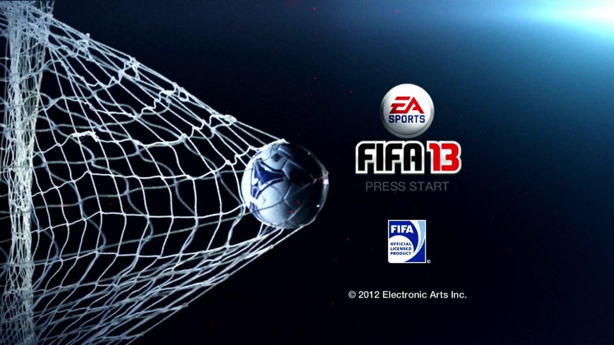 FIFA Soccer 13 start screen for Xbox 360 (X360) sports soccer video game