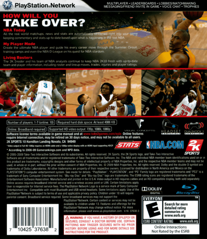 NBA 2K10 PS3 sports video game back cover art