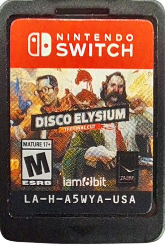 Disco Elysium Nintendo Switch inspired design featuring narrative driven role playing adventure aesthetic deep detective investigation branching dialogue choices richly detailed urban setting philosophical storytelling immersive character development and mystery gameplay presentation cartridge