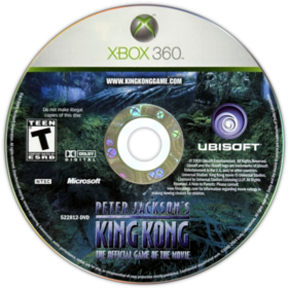Peter Jackson's King Kong Xbox 360 action adventure video game featuring King Kong and Jack Driscoll jungle exploration giant creatures intense combat survival gameplay cinematic environments platforming challenges and classic Xbox 360 gaming collectible retro gaming appeal disc