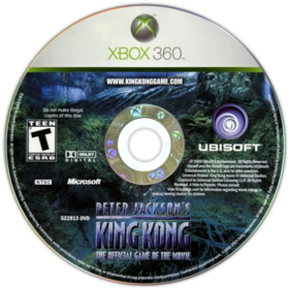 Peter Jackson's King Kong Xbox 360 action adventure video game featuring King Kong and Jack Driscoll jungle exploration giant creatures intense combat survival gameplay cinematic environments platforming challenges and classic Xbox 360 gaming collectible retro gaming appeal disc