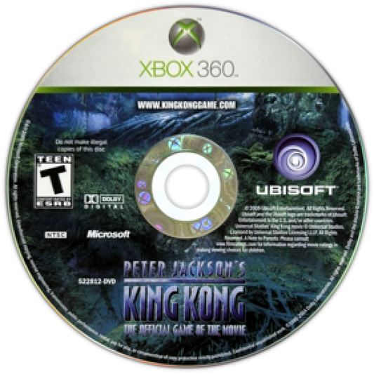 Peter Jackson's King Kong Xbox 360 action adventure video game featuring King Kong and Jack Driscoll jungle exploration giant creatures intense combat survival gameplay cinematic environments platforming challenges and classic Xbox 360 gaming collectible retro gaming appeal disc