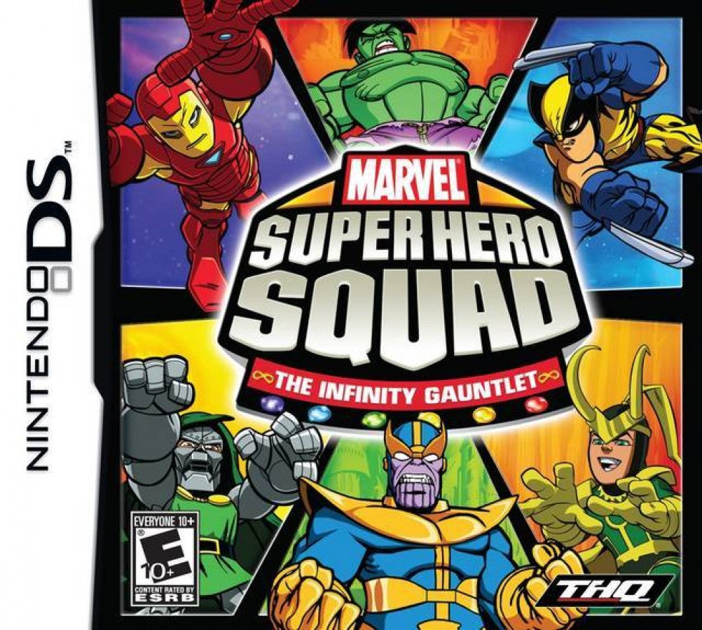 Marvel Super Hero Squad The Infinity Gauntlet for Nintendo DS (DS), cover image for a retro video game featuring action-adventure gameplay, superhero combat, character-based missions, side-scrolling battles, and comic-inspired story progression