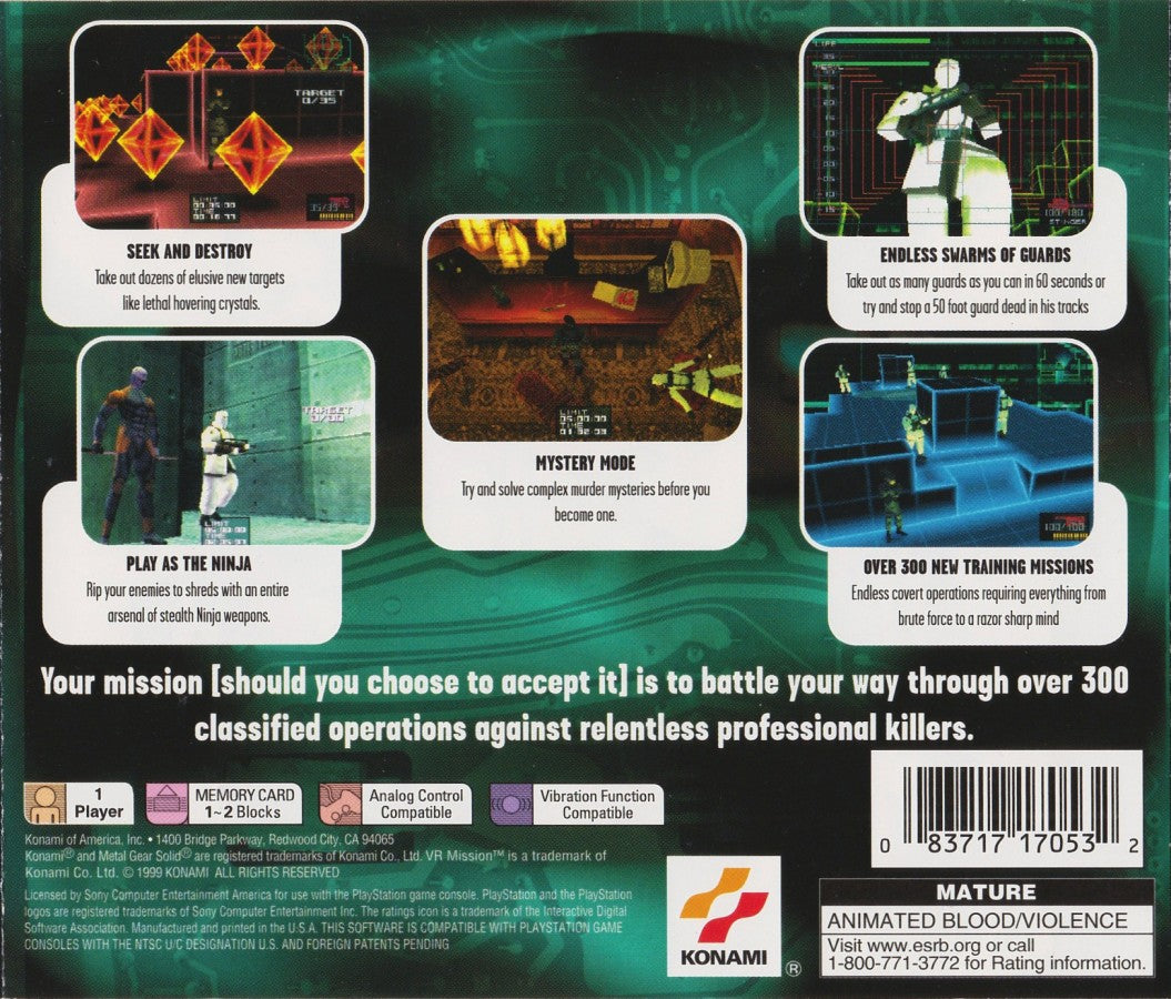 Metal Gear Solid VR Missions Sony PlayStation PS1 video game featuring tactical stealth gameplay Solid Snake virtual reality training missions weapon challenges enemy encounters stealth exercises combat scenarios target practice and classic 32 bit PlayStation gameplay retro video game collection collectible gaming appeal back cover art