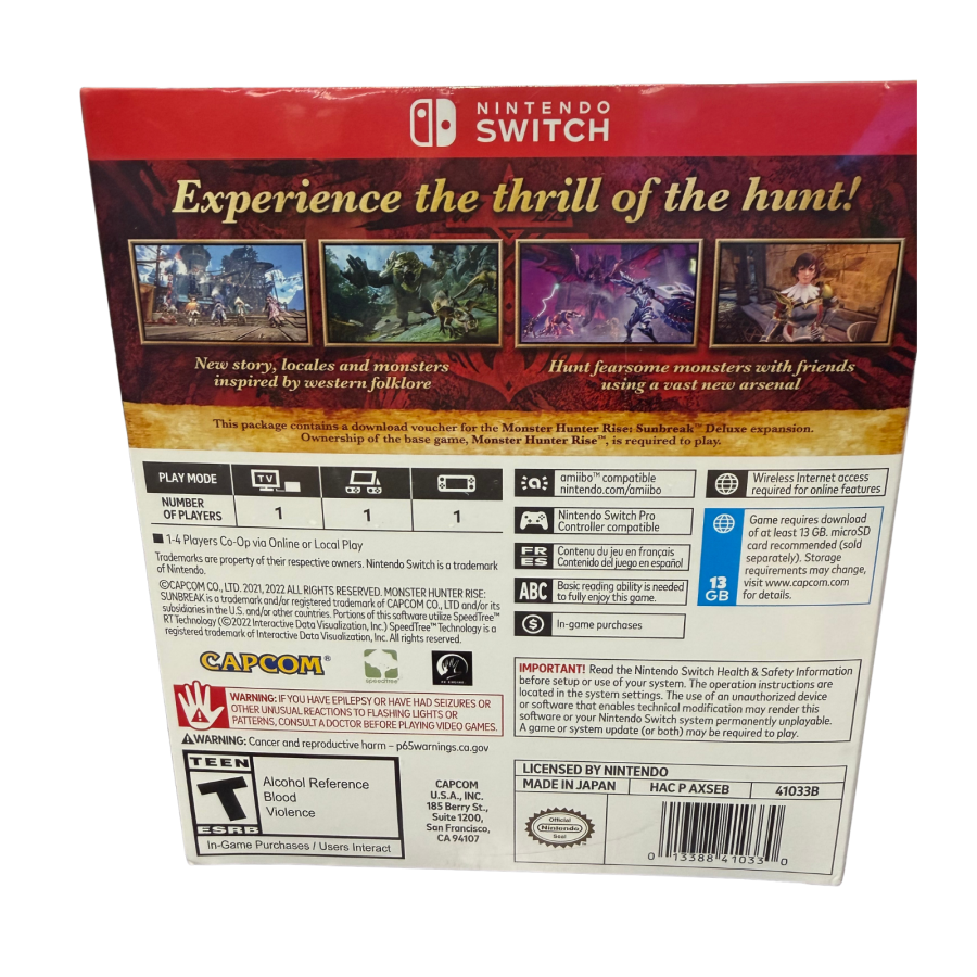 Monster Hunter Rise Sunbreak Collector's Edition Nintendo Switch NS factory sealed video game bundle featuring intense monster hunting action expansive fantasy environments challenging hunts weapon and armor customization cooperative multiplayer gameplay exclusive collector's edition contents and included Monster Hunter Amiibo figures collectible Nintendo gaming appeal