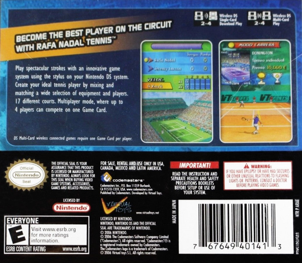 Rafa Nadal Tennis back of case for Nintendo DS (DS) tennis sports video game