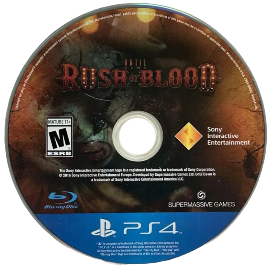 Until Dawn: Rush of Blood – PlayStation 4 (PS4) video game disc, VR rail shooter horror experience.