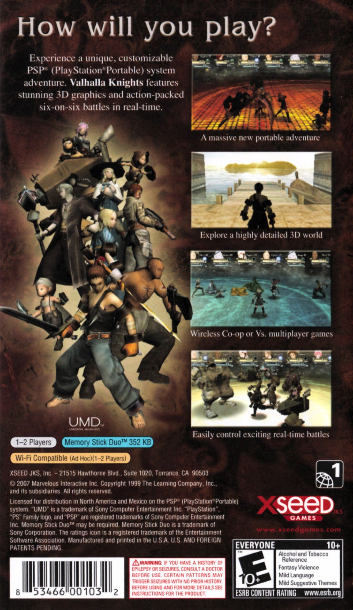 Valhalla Knights PlayStation Portable PSP inspired design featuring fantasy action role playing adventure aesthetic customizable party creation real time combat dungeon exploration medieval world quests character progression and portable RPG gameplay presentation back cover