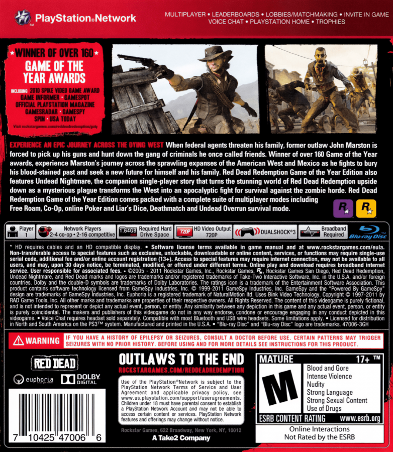 Red Dead Redemption [Game of the Year Edition] [Greatest Hits] back cover art for PlayStation 3 (PS3) video game