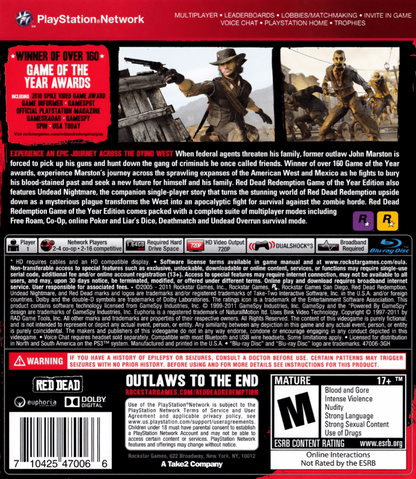 Red Dead Redemption [Game of the Year Edition] [Greatest Hits] back cover art for PlayStation 3 (PS3) video game