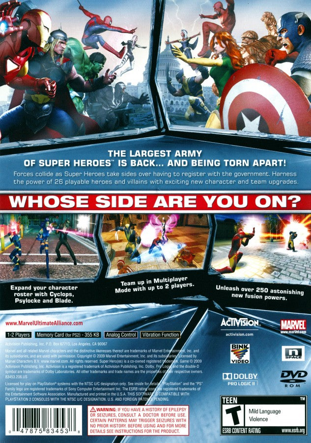 Marvel Ultimate Alliance 2 PlayStation 2 action RPG superhero team video game featuring Spider-Man Wolverine Captain America Iron Man Civil War storyline pro-registration anti-registration conflict fusion powers character customization four-player co-op beat em up gameplay comic book villain team ups Marvel universe roster alternate costumes stat upgrades back cover