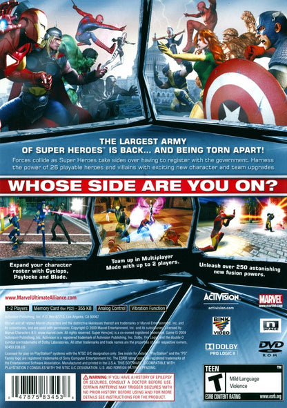 Marvel Ultimate Alliance 2 PlayStation 2 action RPG superhero team video game featuring Spider-Man Wolverine Captain America Iron Man Civil War storyline pro-registration anti-registration conflict fusion powers character customization four-player co-op beat em up gameplay comic book villain team ups Marvel universe roster alternate costumes stat upgrades back cover