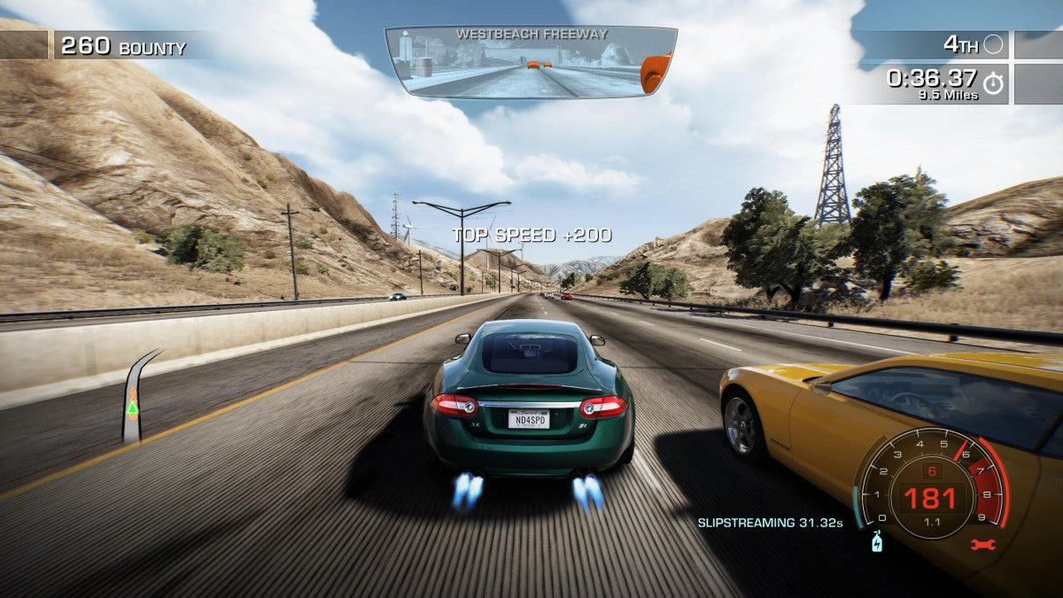 Need for Speed Hot Pursuit Xbox 360 video game, arcade racing action, high-speed police chases, multiplayer and online gameplay, console title gameplay screenshot