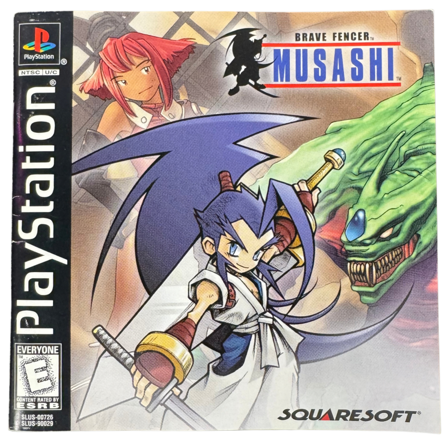 Brave Fencer Musashi Complete In Box CIB Sony PlayStation PS1 video game featuring action role playing gameplay Musashi character sword combat enemy battles magical abilities fantasy adventure exploration quests puzzle solving and classic 32 bit PlayStation gameplay retro video game collection collectible gaming appeal manual