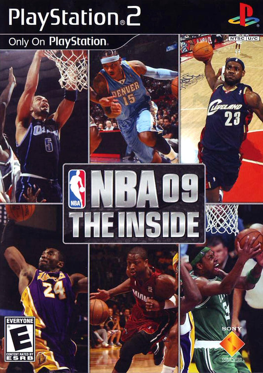NBA 09 The Inside game for the PlayStation 2 featuring basketball gameplay with NBA teams and players story driven career mode quick play options and realistic on court action front cover