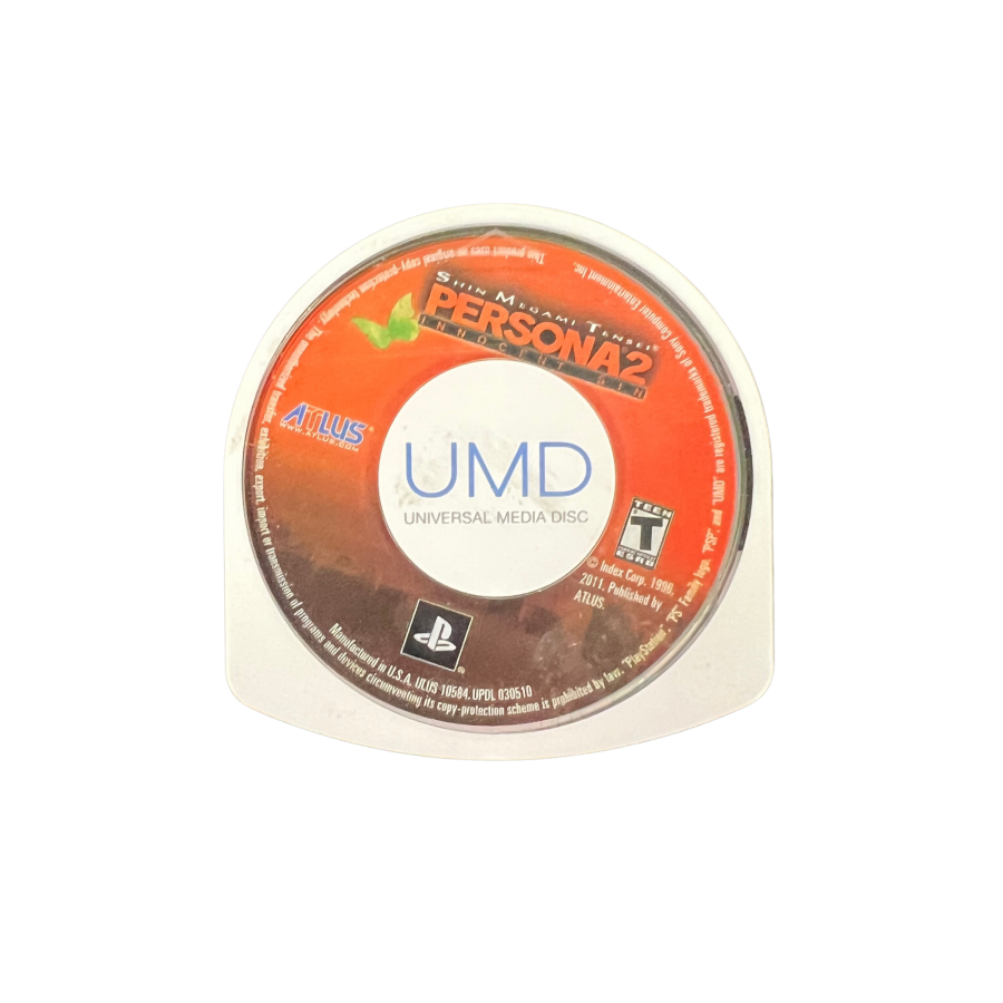 Shin Megami Tensei Persona 2 Innocent Sin PlayStation Portable PSP for retro video game enthusiasts featuring classic role playing gameplay turn based combat demon summoning character progression psychological storytelling urban exploration and collectible gaming appeal UMD game disc front cover