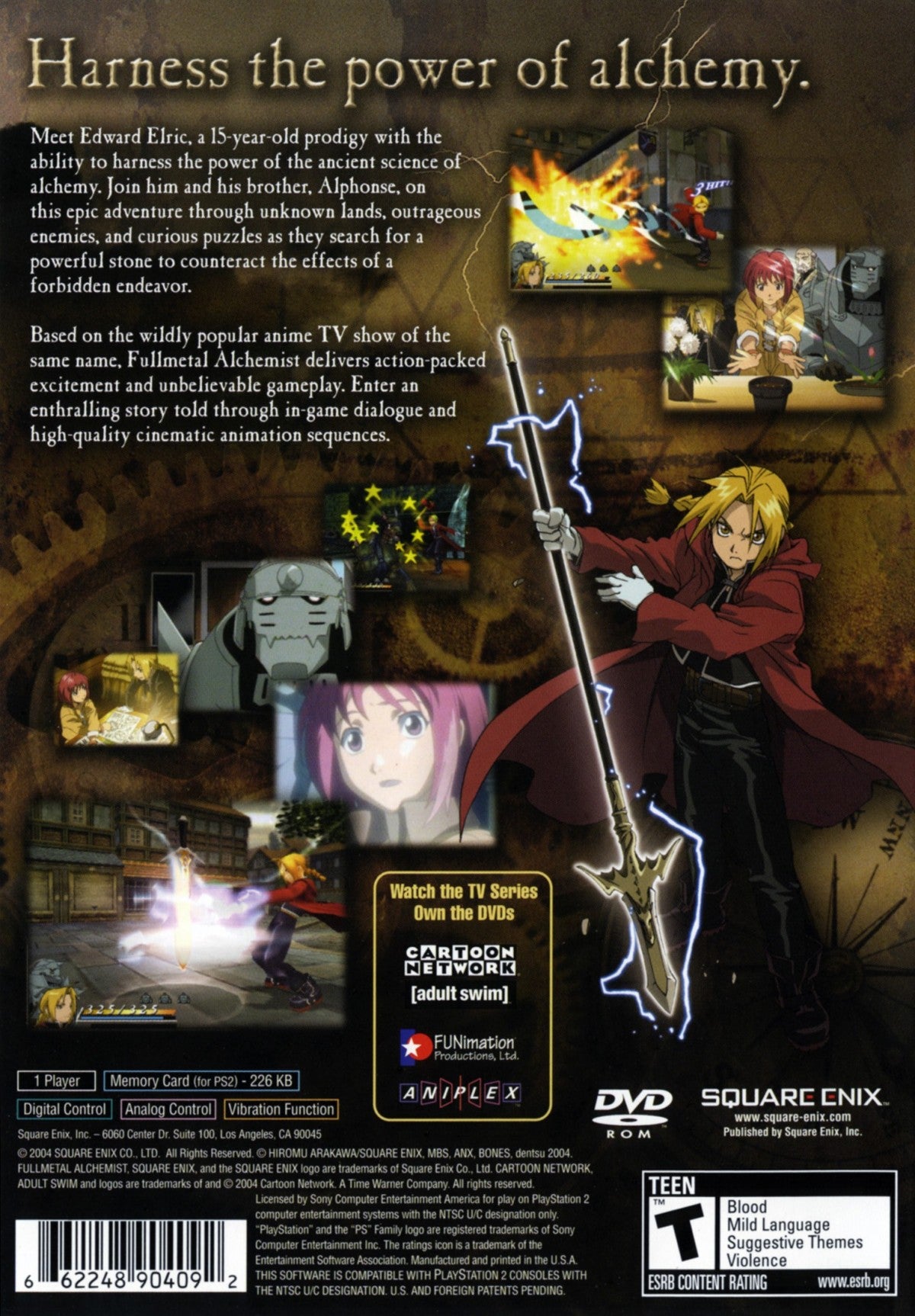 Retro Fullmetal Alchemist and the Broken Angel PS2 inspired design featuring anime action RPG aesthetic vintage PlayStation 2 adventure alchemy powered combat Edward Elric Alphonse Elric fantasy steampunk world nostalgic anime game presentation back cover art