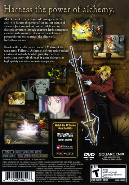 Retro Fullmetal Alchemist and the Broken Angel PS2 inspired design featuring anime action RPG aesthetic vintage PlayStation 2 adventure alchemy powered combat Edward Elric Alphonse Elric fantasy steampunk world nostalgic anime game presentation back cover art