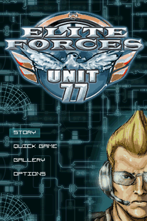 Elite Forces Unit 77 start screen for Nintendo DS (DS) tactical shooter action video game