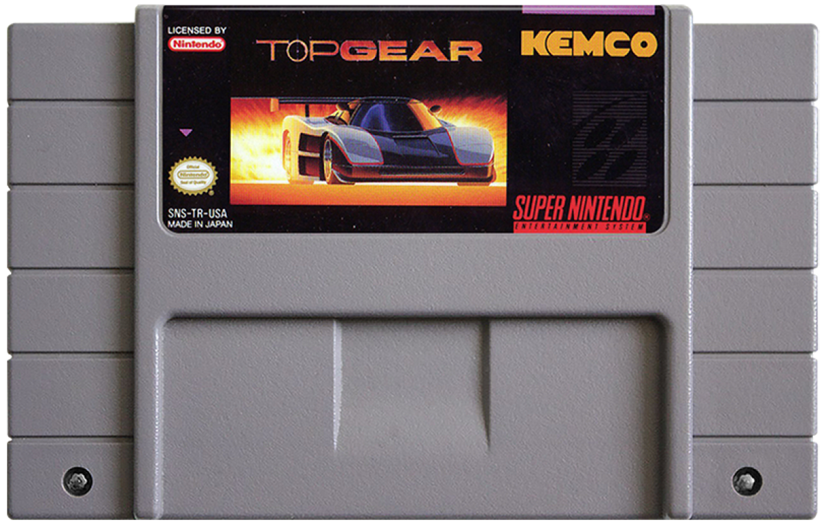 Top Gear cartridge for the Super Nintendo Entertainment System featuring 16 bit racing gameplay with fast paced arcade style cars multiple tracks and competitive time trial and multiplayer modes cartridge